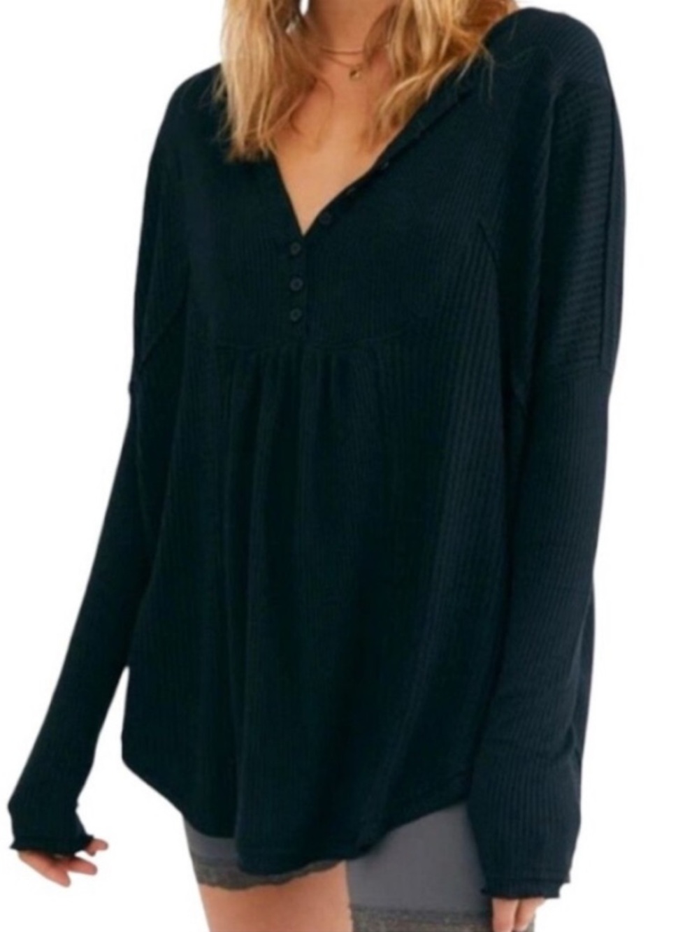 Free People Black Leo Henley Waffle-Knit Long Sleeve Top Women’sSize M Bohemian